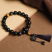 Buddha Stones Natural Black Obsidian Lion Wrist Mala Protection Tassels Pocket Mala Car Decoration