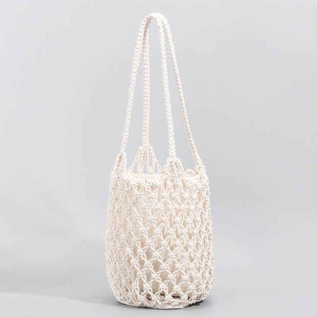 Buddha Stones Hand-woven Cotton Thread Shoulder Bag Handbags Shoulder Bag&Handbags BS White 23*15*27cm