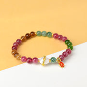Buddha Stones Natural Multicolored Tourmaline Pearl Auspicious Character Charm Wisdom Bracelet