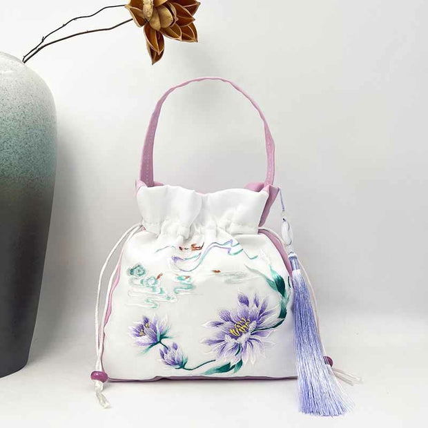 Buddha Stones Suzhou Embroidery Rabbit Lotus Epiphyllum Peony Magnolia Silk Tote Crossbody Bag Shoulder Bag Handbag 35
