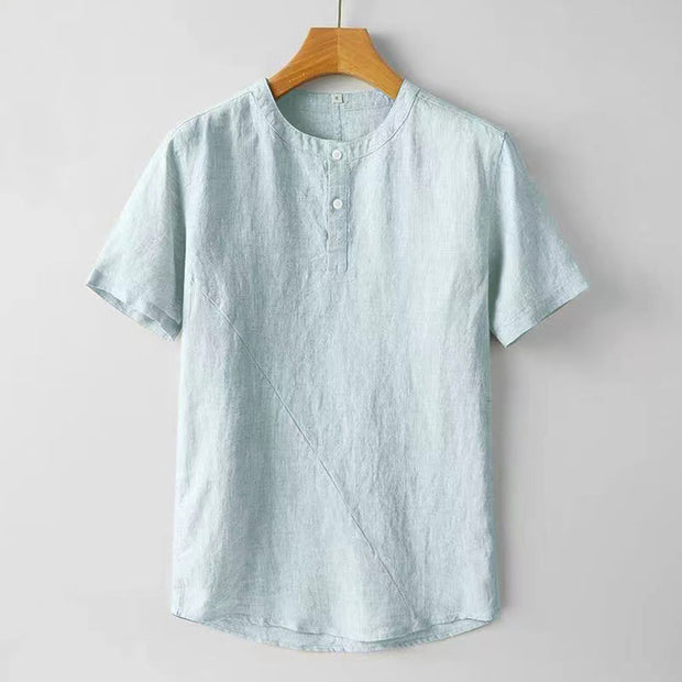 Buddha Stones Summer Men's Solid Color Button Short Sleeve Linen Shirt Men's Shirts BS LightCyan 4XL(Fit for US/UK/AU44; EU54)