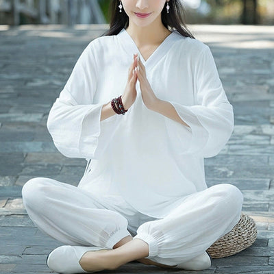 Buddha Stones Yoga Cotton Linen Clothing Uniform Meditation Zen Practice Women's Set (Extra 30% Off | USE CODE: FS30) - White - US12，UK/AU16，EU44 (2XL)   - image 0