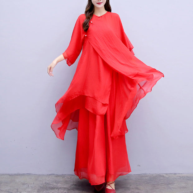 Buddha Stones 3Pcs Yoga Chiffon Clothing Uniform Meditation Zen Practice Women's Set  (Extra 30% Off | USE CODE: FS30) - Red Suit(Top+Pants+Suspenders) - US6，UK/AU10，EU38 (XL) - image 29