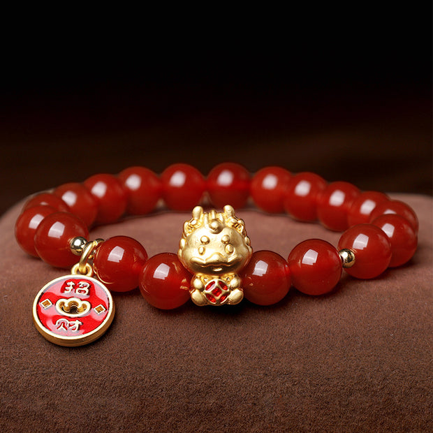 Buddha Stones Year of the Dragon Natural Red Agate Copper Coin Attract Fortune Bracelet