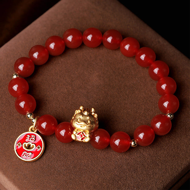 Buddha Stones Year of the Dragon Natural Red Agate Copper Coin Attract Fortune Bracelet