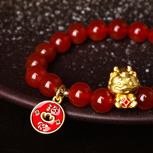 Buddha Stones Year of the Dragon Natural Red Agate Copper Coin Attract Fortune Bracelet