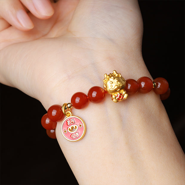 Buddha Stones Year of the Dragon Natural Red Agate Copper Coin Attract Fortune Bracelet