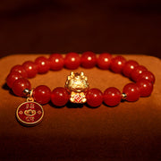 Buddha Stones Year of the Dragon Natural Red Agate Copper Coin Attract Fortune Bracelet