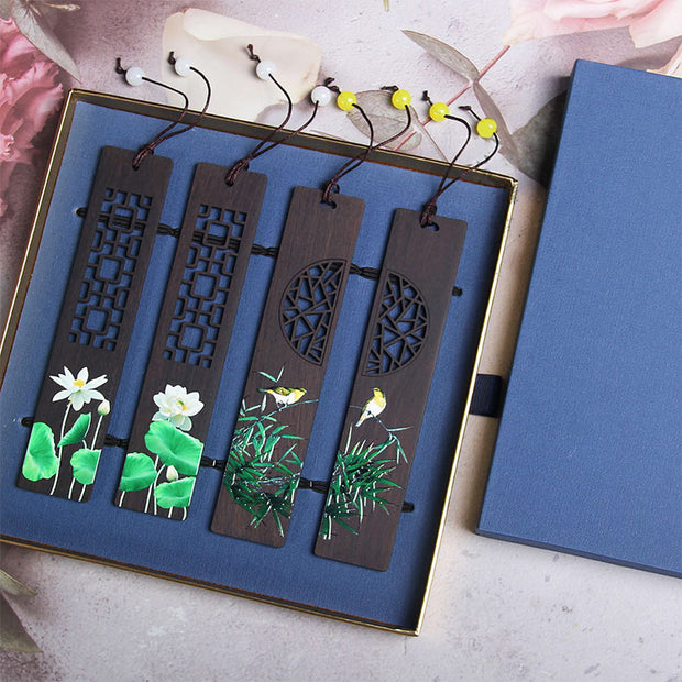 Buddha Stones Green Lotus Bamboo Oriole Ebony Wood Bookmarks With Gift Box (Extra 35% Off | USE CODE: FS35) - 4Pcs Lotus Oriole Bird-Drawer Gift Box - image 6