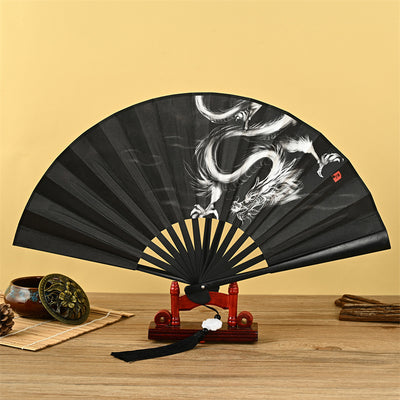 Buddha Stones Dragon Phoenix Tiger Crane Eagle Wolf Koi Fish Handheld Folding Fan Lotus Tassel Fan