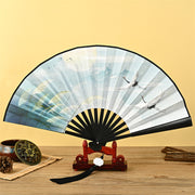 Buddha Stones Dragon Phoenix Tiger Crane Eagle Wolf Koi Fish Handheld Folding Fan Lotus Tassel Fan