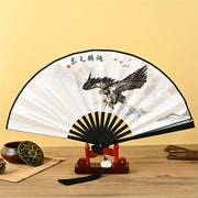 Buddha Stones Dragon Phoenix Tiger Crane Eagle Wolf Koi Fish Handheld Folding Fan Lotus Tassel Fan