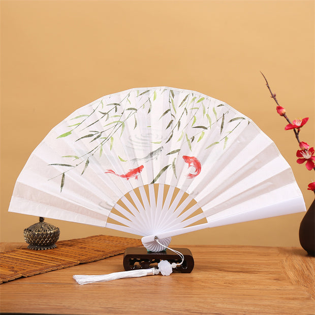 Buddha Stones Dragon Phoenix Tiger Crane Eagle Wolf Koi Fish Handheld Folding Fan Lotus Tassel Fan