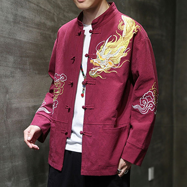 Buddha Stones Dragon Auspicious Cloud Embroidery Clothing Chinese Tang Suit Jacket Men Clothing