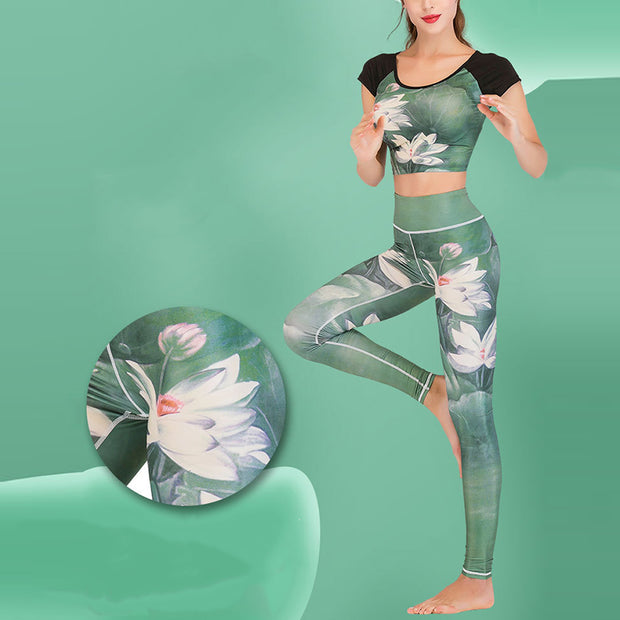 Buddha Stones 2Pcs Lotus Phoenix Spring Flowers Peacock Print Top Pants Sports Fitness Yoga Women's Yoga Sets