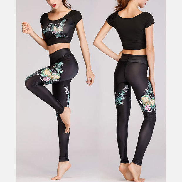 Buddha Stones 2Pcs Lotus Phoenix Spring Flowers Peacock Print Top Pants Sports Fitness Yoga Women's Yoga Sets