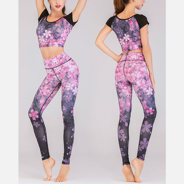 Buddha Stones 2Pcs Lotus Phoenix Spring Flowers Peacock Print Top Pants Sports Fitness Yoga Women's Yoga Sets