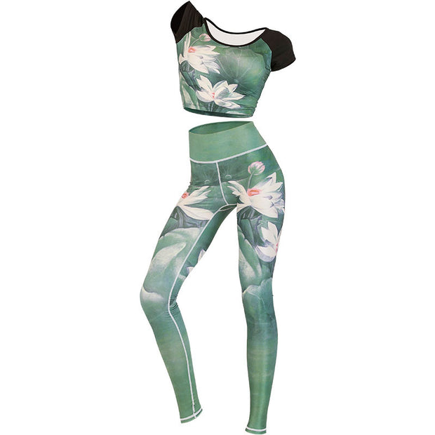 Buddha Stones 2Pcs Lotus Phoenix Spring Flowers Peacock Print Top Pants Sports Fitness Yoga Women's Yoga Sets