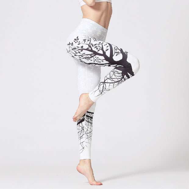 Buddha Stones Lines Weeds Sakura Flowers Black Tree Print Pants Sports Fitness Yoga Leggings Women's Yoga Pants