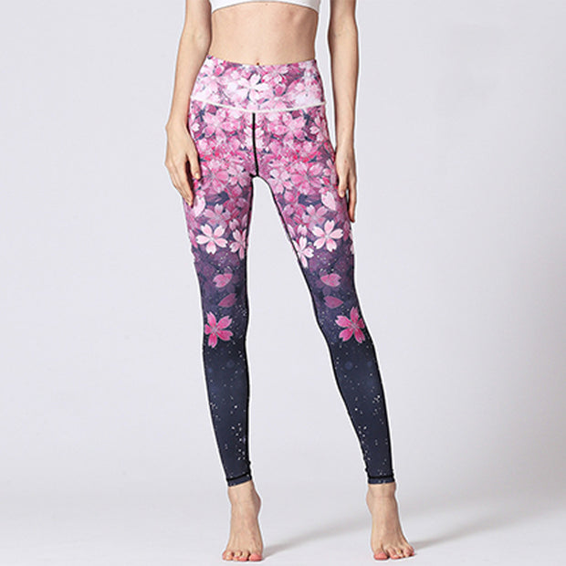 Buddha Stones Lines Weeds Sakura Flowers Black Tree Print Pants Sports Fitness Yoga Leggings Women's Yoga Pants