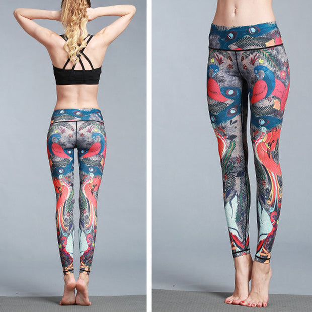 Buddha Stones Red Blue Peacock Feather Print Pants Sports Fitness Yoga Leggings Women's Yoga Pants