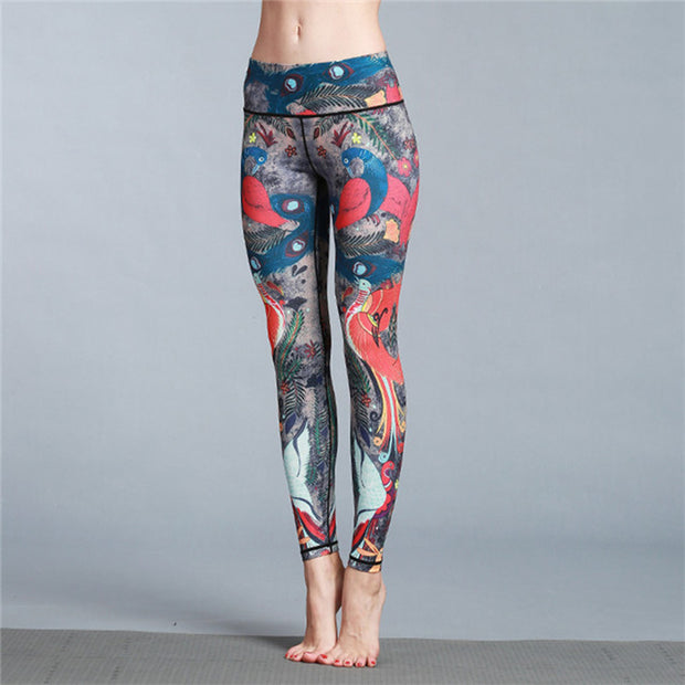 Buddha Stones Red Blue Peacock Feather Print Pants Sports Fitness Yoga Leggings Women's Yoga Pants