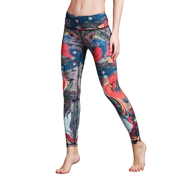 Buddha Stones Red Blue Peacock Feather Print Pants Sports Fitness Yoga Leggings Women's Yoga Pants