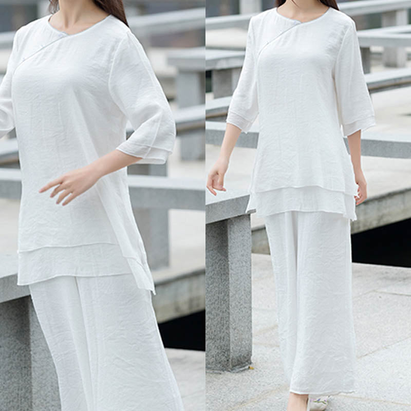 Buddha Stones 2Pcs Simple Design White Top Pants Meditation Yoga