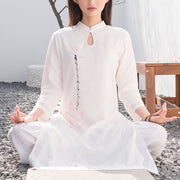 Buddha Stones 2Pcs Lotus Pattern Tai Chi Meditation Yoga Cotton Linen Clothing Top Pants Women's Set  (Extra 30% Off | USE CODE: FS30) - White(Top&Pants) - US12，UK/AU16，EU44 (2XL)  - image 0