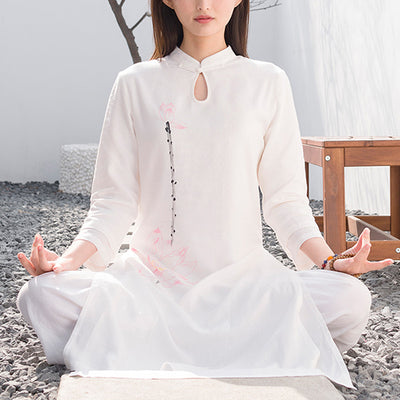 Buddha Stones 2Pcs Lotus Pattern Tai Chi Meditation Yoga Cotton Linen Clothing Top Pants Women's Set  (Extra 30% Off | USE CODE: FS30) - White(Top&Pants) - US12，UK/AU16，EU44 (2XL)  - image 0