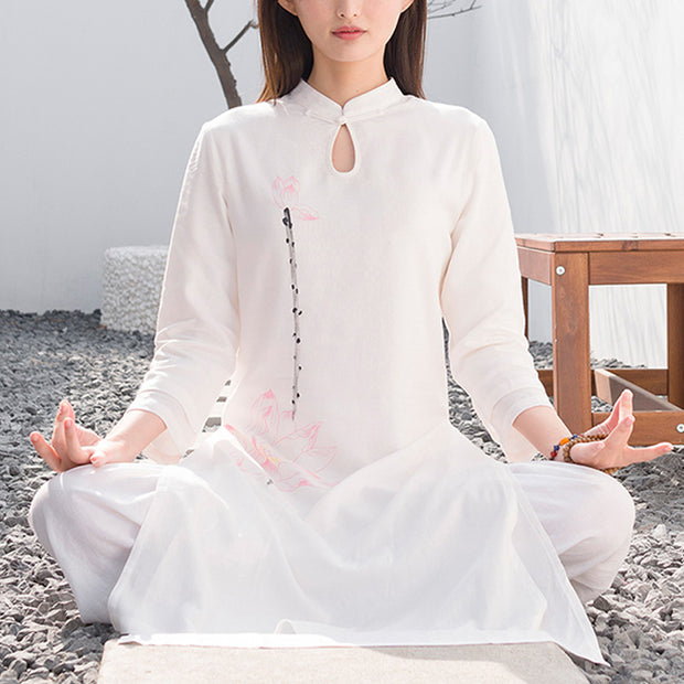 Buddha Stones 2Pcs Lotus Pattern Tai Chi Meditation Yoga Cotton Linen Clothing Top Pants Women's Set  (Extra 30% Off | USE CODE: FS30) - White(Top&Pants) - US12，UK/AU16，EU44 (2XL)  - image 0