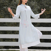 Buddha Stones 2Pcs Lotus Pattern Tai Chi Meditation Yoga Cotton Linen Clothing Top Pants Women's Set  (Extra 30% Off | USE CODE: FS30) - Blue Top&White Pants - US12，UK/AU16，EU44 (2XL)  - image 6