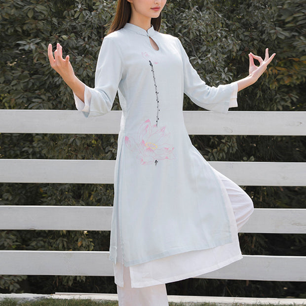 Buddha Stones 2Pcs Lotus Pattern Tai Chi Meditation Yoga Cotton Linen Clothing Top Pants Women's Set  (Extra 30% Off | USE CODE: FS30) - Blue Top&White Pants - US12，UK/AU16，EU44 (2XL)  - image 6