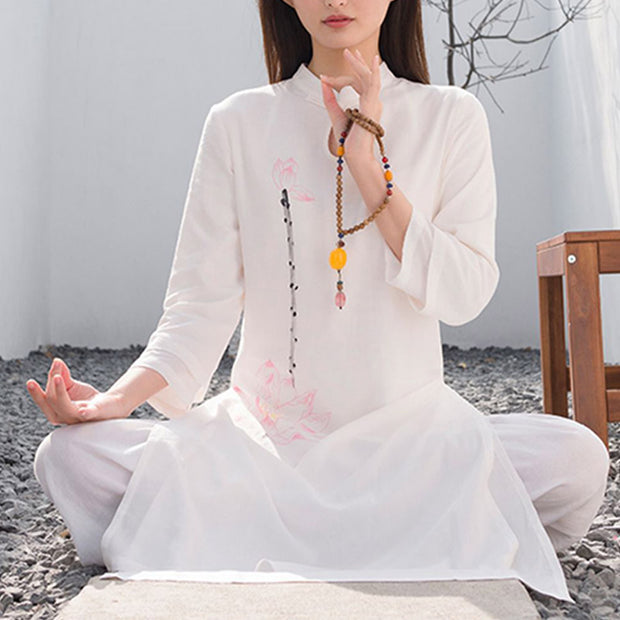 Buddha Stones 2Pcs Lotus Pattern Tai Chi Meditation Yoga Cotton Linen Clothing Top Pants Women's Set  (Extra 30% Off | USE CODE: FS30) - image 4