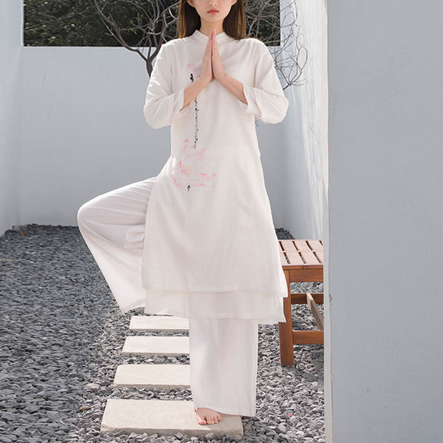 Buddha Stones 2Pcs Lotus Pattern Tai Chi Meditation Yoga Cotton Linen Clothing Top Pants Women's Set  (Extra 30% Off | USE CODE: FS30) - image 1