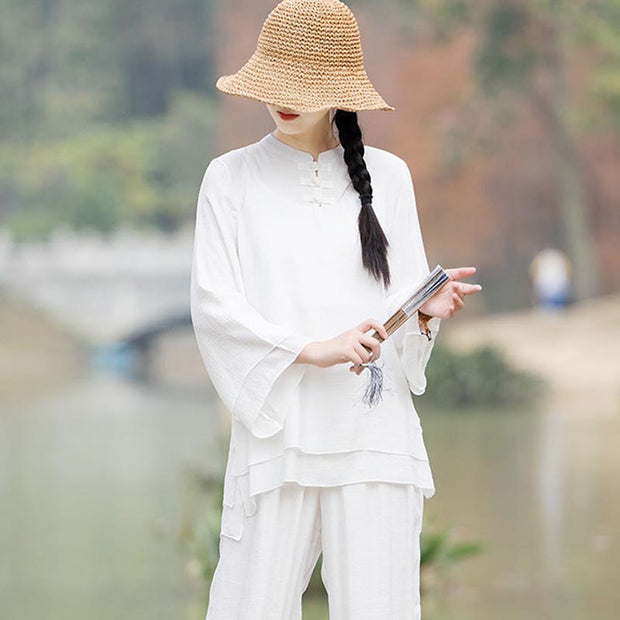 Buddha Stones 2Pcs Plain Design Top Pants Meditation Yoga Zen Tai Chi Cotton Linen Clothing Women's Set (Extra 30% Off | USE CODE: FS30) - image 1