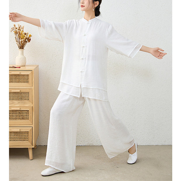 Buddha Stones 2Pcs Simple Chinese Frog Button Design Top Pants Meditation Yoga Zen Tai Chi Cotton Clothing Women's Set