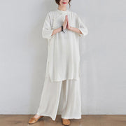 Buddha Stones 2Pcs Plain Design Zen Tai Chi Meditation Clothing Cotton Linen Top Pants Women's Set