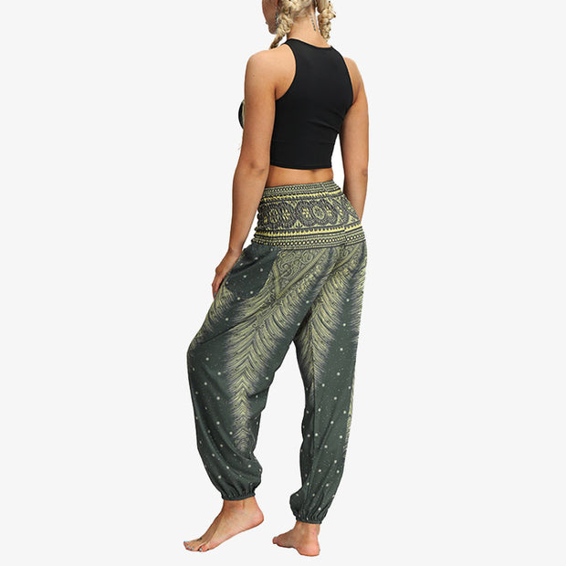 Buddha Stones Feather Print Hippie Baggy Trousers Boho High Waist with Pockets Women's Yoga Pants