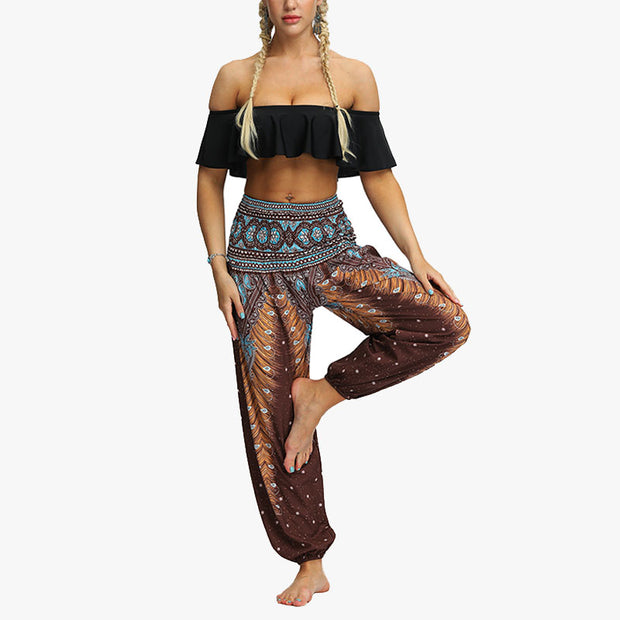 Buddha Stones Feather Print Hippie Baggy Trousers Boho High Waist with Pockets Women's Yoga Pants