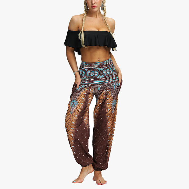 Buddha Stones Feather Print Hippie Baggy Trousers Boho High Waist with Pockets Women's Yoga Pants