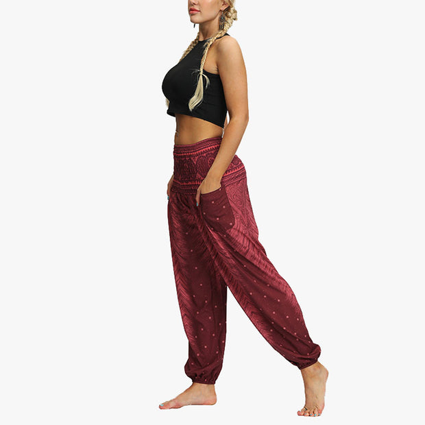 Buddha Stones Feather Print Hippie Baggy Trousers Boho High Waist with Pockets Women's Yoga Pants