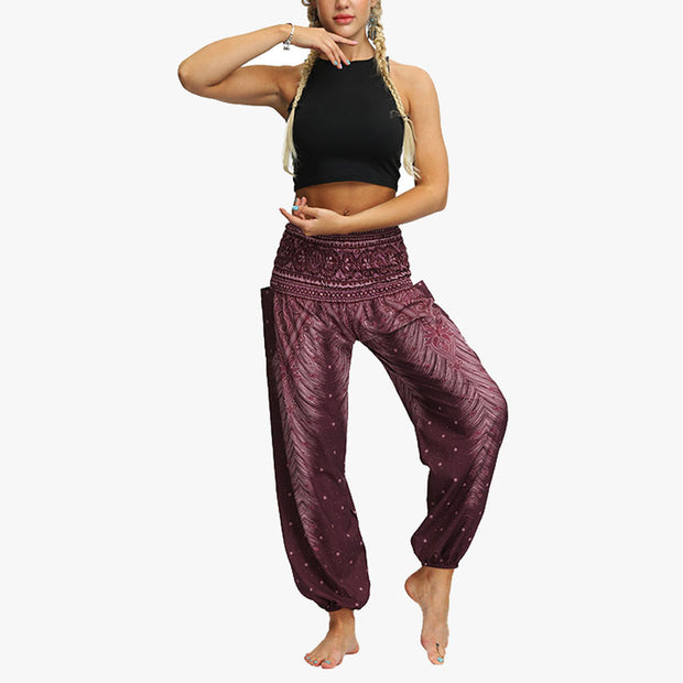 Buddha Stones Feather Print Hippie Baggy Trousers Boho High Waist with Pockets Women's Yoga Pants