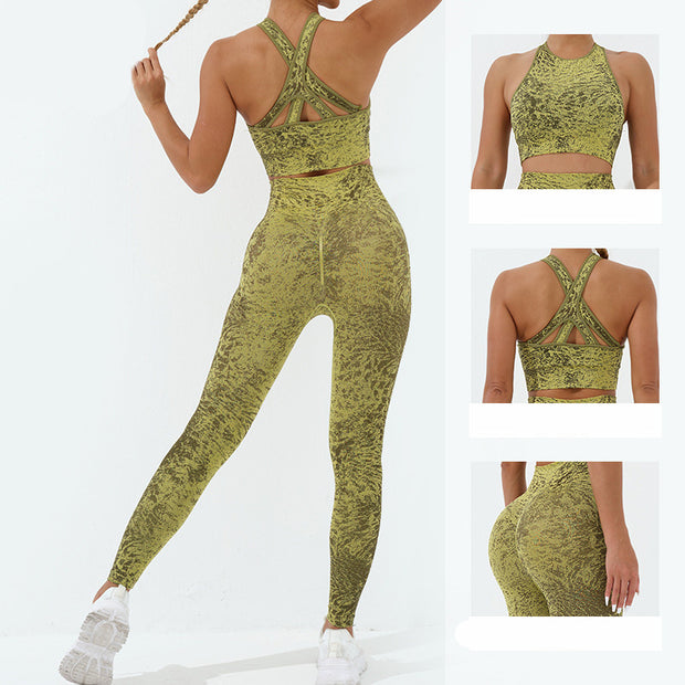 Buddha Stones 2Pcs Seamless Print Fitness Crop Tank Top Pants Sports Gym Outfits Women's Yoga Sets