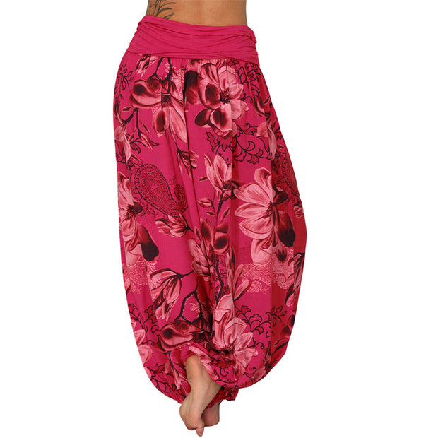 Buddha Stones Flower Leaves Pattern Loose Harem Trousers Women's Yoga Pants