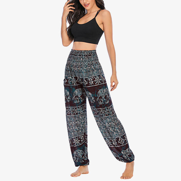 Buddha Stones Elephant Pattern Loose Casual Harem Trousers High Waist Women's Yoga Pants