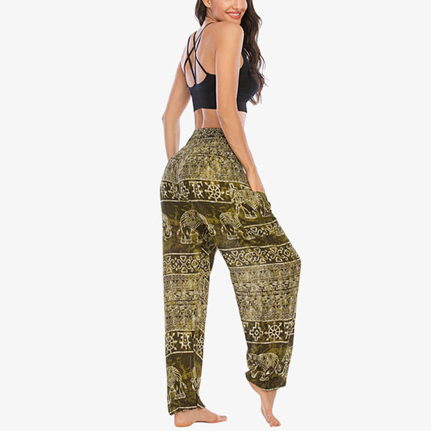 Buddha Stones Elephant Pattern Loose Casual Harem Trousers High Waist Women's Yoga Pants