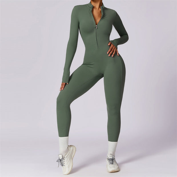 Buddha Stones Women Zipper Long Sleeve Shapewear Jumpsuit Sports Fitness Yoga Bodysuit