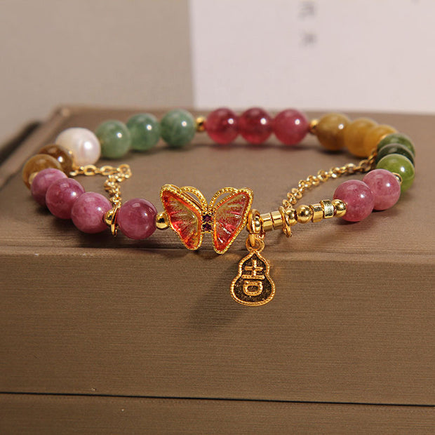 Buddha Stones Natural Colorful Tourmaline Butterfly Auspicious Character Gourd Charm Positive Bracelet (Extra 35% Off | USE CODE: FS35) - Tourmaline(Positive♥Love)(Wrist Circumference 14-16cm) - image 0