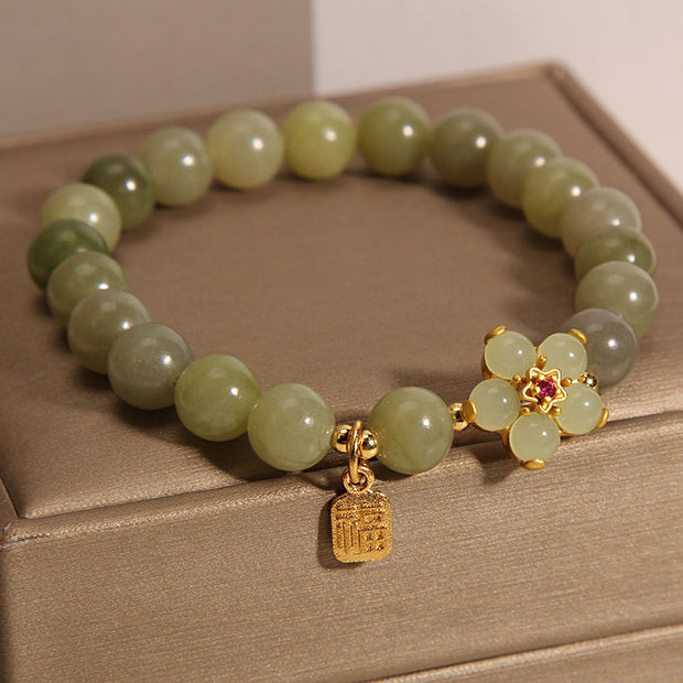 Buddha Stones Green Jade Flower Fu Character Charm Luck Bracelet